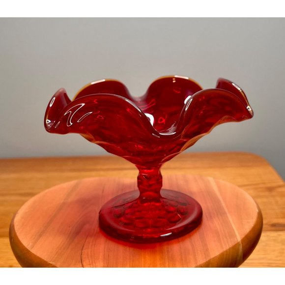 Vintage Viking Ruby Red Georgian Honey Comb 6.5" Ruffled Footed Bowl/Compote, Sh - Picture 4 of 10